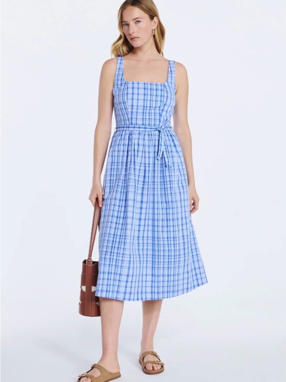 Free Assembly Blue Plaid Square-Neck Midi Dress XS 0/2